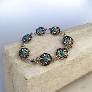 Turquoise and Red Floral Silver Bracelet